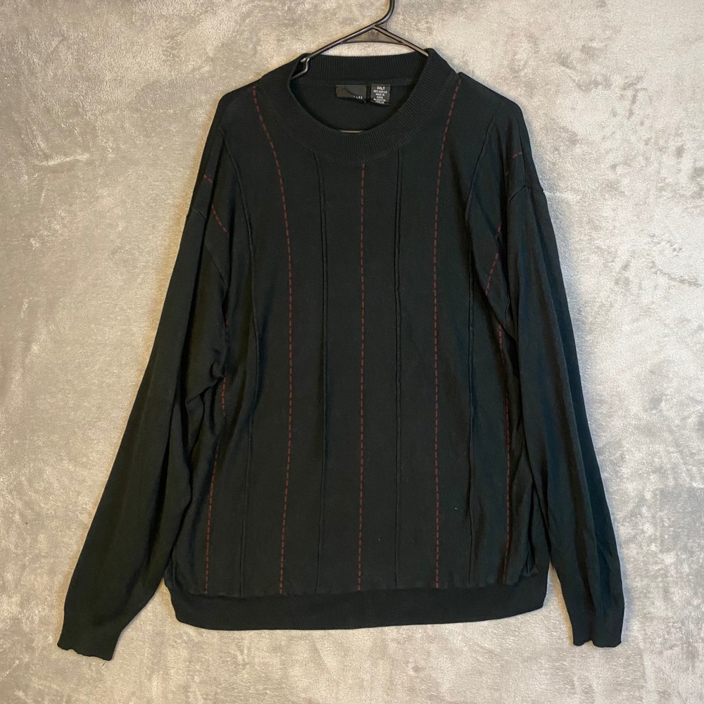 After Dark Sweater Mens 3XLT Crew Neck Black Red Striped Ribbed Knit EUC